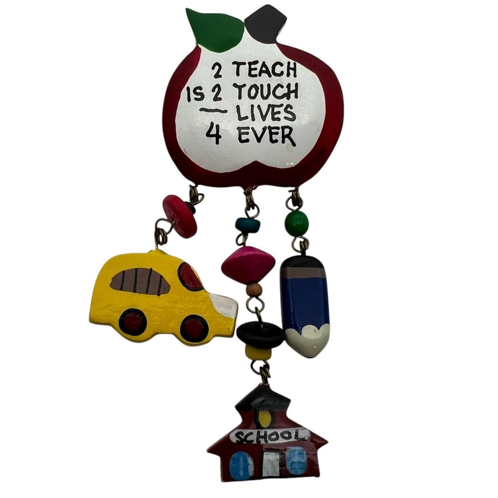 Vintage Teacher Apple Brooch Pin with School Bus Pencil Schoolhouse Charms